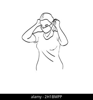 femme portant un masque médical illustration vecteur isolé sur fond blanc art ligne Illustration de Vecteur