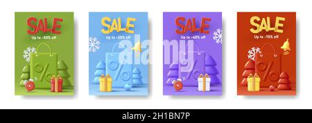 Lot de prospectus avec illustration 3d d'un grand sac de shopping entre les arbres de Noël et les cadeaux, un motif de rendu monochrome tendance Illustration de Vecteur