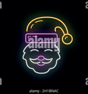 Concept bonne année, joyeux noël santa claus visage icône, néon phosphorescent Noël étiquette vacances hiver temps plat illustration vecteur, symbole isolé sur W Illustration de Vecteur
