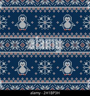 Motif sans couture en maille avec pingouins, flocons de neige et décoration scandinave.Fond du pull d'hiver.Illustration vectorielle. Illustration de Vecteur