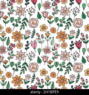 Motif de fleurs et de feuilles Doodle.Illustration vectorielle dessinée à la main Illustration de Vecteur