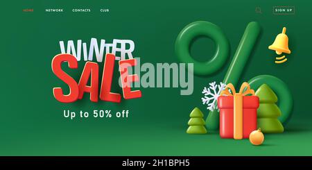 Affiche de Noël d'hiver avec rendu 3d composé de grand pour cent et arbre de Noël avec boîte cadeau et flocons de neige, sur fond vert foncé Illustration de Vecteur