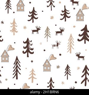 Motif scandinave sans coutures pour l'hiver.Simple cerf, maisons, et arbres paysage.Maisons européennes minimalistes.Illustration de Noël de dessin animé Illustration de Vecteur