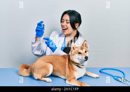 Belle femme vétérinaire hispanique mettant le vaccin au chien de chiot sourire et rire fort parce que drôle de blague folle. Banque D'Images