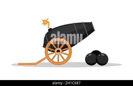 Canon de pirate avec boules de canon.Icône de piratage isolée sur fond blanc.Illustration vectorielle de style dessin animé plat Illustration de Vecteur