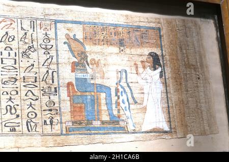 Gros plan des anciens hiéroglyphes égyptiens anciens et des dessins sur le papyrus Banque D'Images