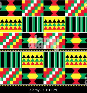 Kente vector sans couture motif textile du Ghana, le nwentoma géométrique traditionnel africain en rouge, noir, jaune et vert Illustration de Vecteur