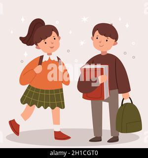 Garçon et fille vont à l'école.Uniforme scolaire moderne.Des livres et un sac à dos. Illustration de Vecteur