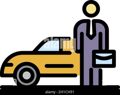 Homme d'affaires près de l'icône de voiture.Contour homme d'affaires près voiture vecteur icône couleur plat isolé Illustration de Vecteur