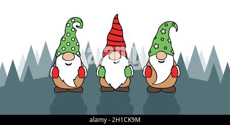 trois nains de noël mignons avec des casquettes drôles Illustration de Vecteur
