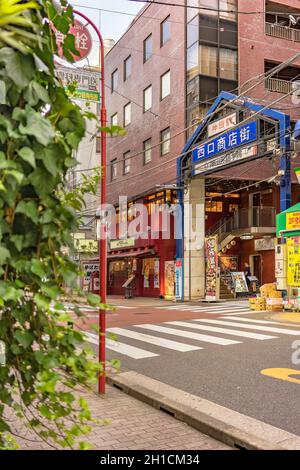 Porte d'entrée en métal bleu de la rue commerçante décorée de plantes de la sortie ouest de la station Kanda sur la ligne Yamanote.La rue s'étend Banque D'Images