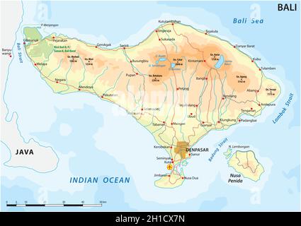 Carte routière de l'île indonésienne de bali Illustration de Vecteur