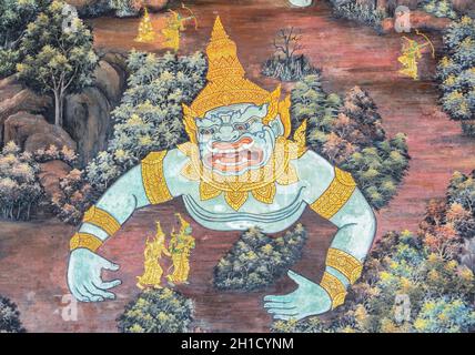 Bngkok, Thaïlande - 29 décembre 2017: Peinture murale thaï antique de l'épopée Ramakien à l'intérieur de Wat Phra Kaew à Bangkok, Thaïlande.Ramakien est national e Banque D'Images