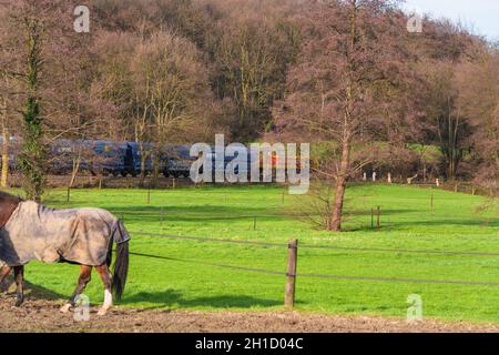 RATINGEN, NRW, ALLEMAGNE - 28 DÉCEMBRE 2015 : locomotive au croisement de chemin de fer à Ratingen au château amarré 'maison à maison'.Par vitesse rapide propulsée t Banque D'Images