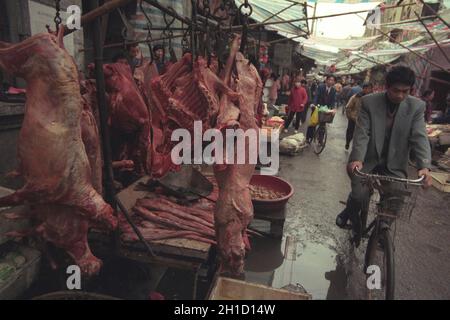 Viande de chien sur le marché des animaux et fruits de mer dans la vieille ville de Wuhan dans la province de Hubei en chine en asie de l'est. Chine, Wuhan, Avril, Banque D'Images