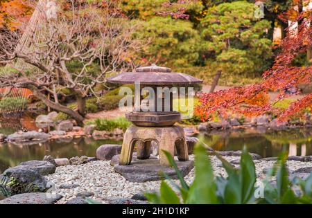 Tokyo Metropolitan Park du jardin japonais de l'KyuFurukawa Yukimi lanterne en pierre donnant sur l'érable rouge par momiji feuilles à l'automne. Banque D'Images