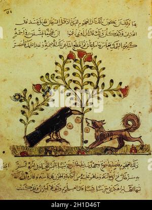 Le renard et le Nid-de-Corbeau à Kalila wa-Dimna, collection de fables. Traduction du 8ème siècle par Ibn al-Muqaffa de Sanskrit Panchatantra d'environ 300 AC. Banque D'Images