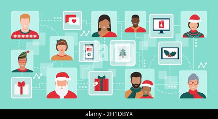 Des gens du monde entier se connectant ensemble en ligne, ils célèbrent Noël et envoient des souhaits, la technologie et le concept de vacances Illustration de Vecteur