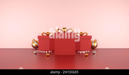 concept de cadeaux pour la saint-valentin, noël et nouvel an. Boîtes-cadeaux rouges et décor de Noël sur fond rouge.Illustration 3D Banque D'Images