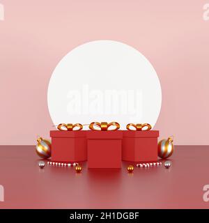 concept de cadeaux pour la saint-valentin, noël et nouvel an. Boîtes-cadeaux rouges et décor de Noël sur fond rouge.Illustration 3D Banque D'Images