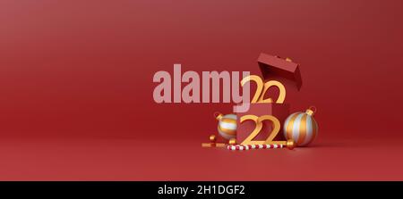 joyeux noël et nouvel an 2022 présente concept. boîtes-cadeaux rouges et décor de noël sur fond rouge.Illustration 3D Banque D'Images