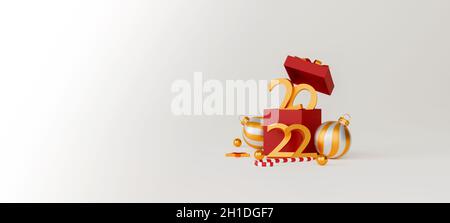 joyeux noël et nouvel an 2022 présente concept. boîtes-cadeaux rouges et décor de noël sur fond blanc.Illustration 3D Banque D'Images