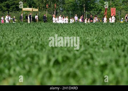 Fronleichnamsprozession à Rüstorf, Schwanenstadt (Bezirk Vöcklabruck, Oberösterreich, Österreich) - corpus Christi procession à Rüstorf, Schwanensta Banque D'Images