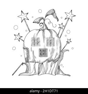 Esquisse d'une fantastique maison de citrouille.Maison de gnome de citrouille.Illustration vectorielle. Illustration de Vecteur