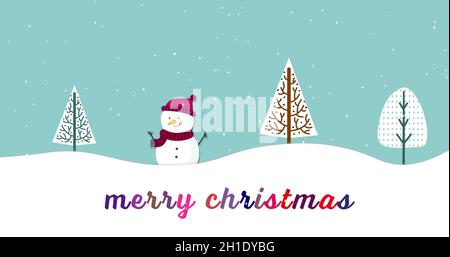 Joyeux Noël texte contre les flocons de neige tombant sur le bonhomme de neige et les arbres Banque D'Images