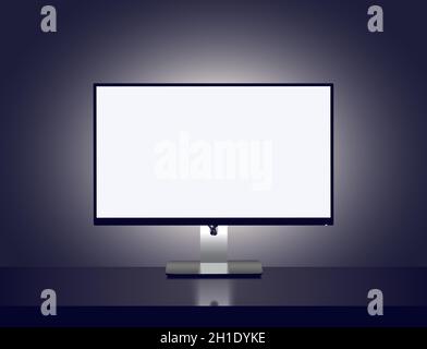 Blank monitor with backlight over gray wall in dark room. Vector illustration of monitor screen Illustration de Vecteur