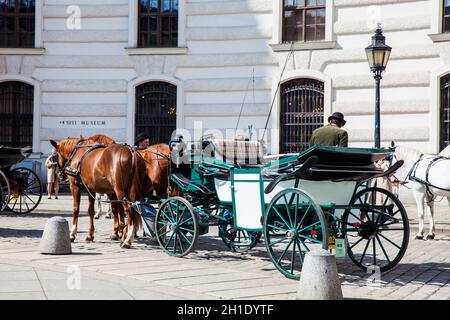 Vienne, AUTRICHE - Avril 2018 : voitures à cheval devant le palais impérial de Hofburg à Vienne Banque D'Images