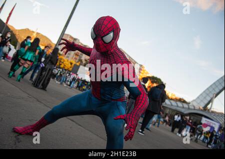 Un fan du super-héros Marvel Spider Man pose pour une photo pendant le quatrième jour du SOFA (salon del Ocio y la Fantasia) 2021, une foire visant le geek Banque D'Images