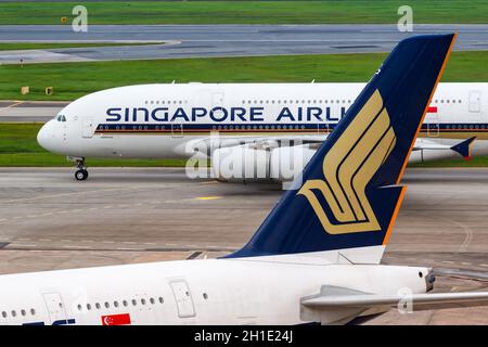 Changi, Singapour – 29 janvier 2018 : avions Airbus de Singapore Airlines à l'aéroport de Changi (NAS) à Singapour. Airbus est un avionneur européen Banque D'Images