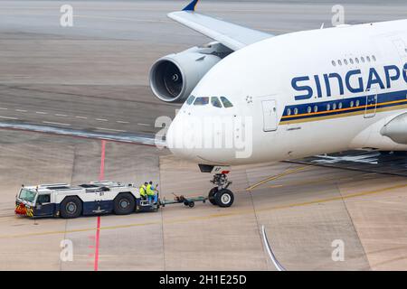 Changi, Singapour – 29 janvier 2018 : avion Airbus   de Singapore Airlines à l'aéroport de Changi (NAS) à Singapour. Airbus est un manu européen d'avions Banque D'Images