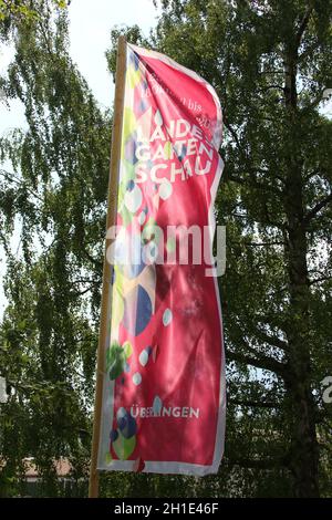 Die Flaggen der Landesgartenschau 2020 in Überlingen am Bodensee flattern im Wind - die mehrmonatige Veranstaltung steht wegen der Coronakrise vor dem Banque D'Images