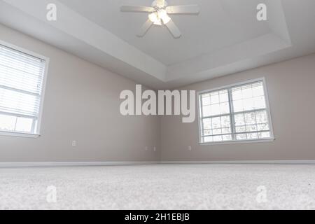 Une salle verte vide avec des planchers de bois franc clair et une fenêtre Banque D'Images