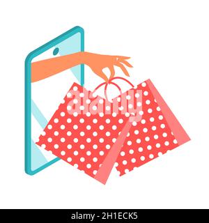 Acheter en ligne par smartphone.Une main femelle de l'écran de l'appareil étire les marchandises dans les emballages.Illustrateur isométrique à vecteur isolé Illustration de Vecteur