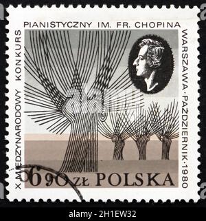 POLOGNE - VERS 1980 : timbre imprimé en Pologne dédié au Concours de piano Chopin, vers 1980 Banque D'Images