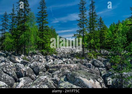 La rivière des rochers ou la rivière Stone.Parc national de Taganay dans l'Oural du Sud, Russie.Les montagnes de l'Oural. Banque D'Images