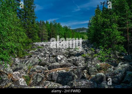 La rivière des rochers ou la rivière Stone.Parc national de Taganay dans l'Oural du Sud, Russie.Les montagnes de l'Oural. Banque D'Images