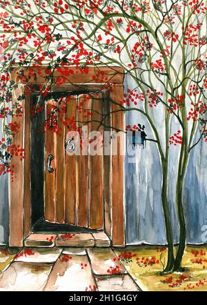 Ancienne porte en bois.Aquarelle. Banque D'Images