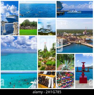 Le collage sur l'activité de croisière au port avec de l'eau bleue des caraïbes à Cozumel au Mexique Banque D'Images