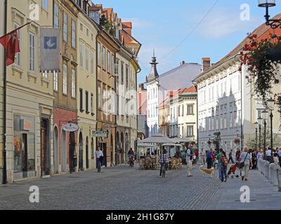 Ljubljana, Slovénie - 12 octobre 2014 : les touristes se rendent à pied dans la rue Downtown à Ljubljana, Slovénie. Banque D'Images