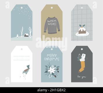 Ensemble d'étiquettes-cadeaux scandinaves de Noël, étiquettes.Oiseaux, chandail tricoté, fleurs et pudding aux baies de houx.Motif à carreaux.Paysage d'hiver Illustration de Vecteur