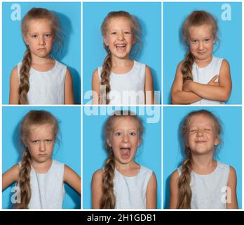 Le collage de fille avec des émotions différentes.Une jeune fille de sept ans posant dans un studio isolé sur fond bleu. Banque D'Images