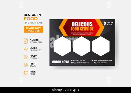 Fast Food Flyer Design modèle de cuisine, café, et menu de restaurant, commande de nourriture, nourriture indésirable.Pizza, hamburger, frites et soda. Illustration de Vecteur