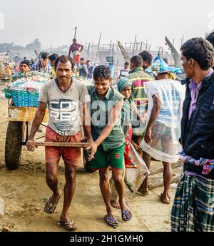 Chittagong, Bangladesh, 23 décembre 2017 : les pêcheurs tirent la charrette avec des captures fraîches de crevettes sur un marché de Chittagong, au Bangladesh Banque D'Images