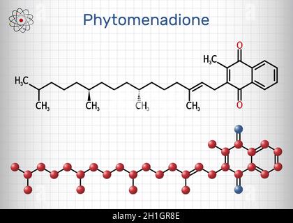 Phytoménadione, vitamine K1, molécule de phylloquinone.Il est essentiel de la vitamine soluble dans la graisse, est important dans le maintien de la coagulation normale du sang.Feuille o Illustration de Vecteur