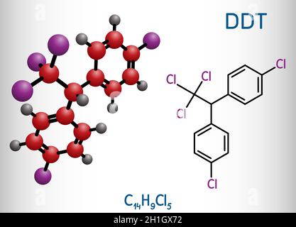 DDT, molécule de dichlorodiphényltrichloroéthane.Il est couramment utilisé insecticide organochloré.Formule chimique structurelle et modèle moléculaire.Vecteur Illustration de Vecteur