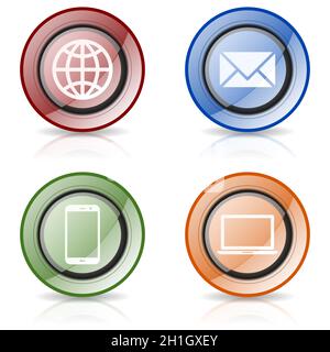 Icônes de concept d'Internet et de webdesign, boutons Web brillants de cercle coloré Banque D'Images